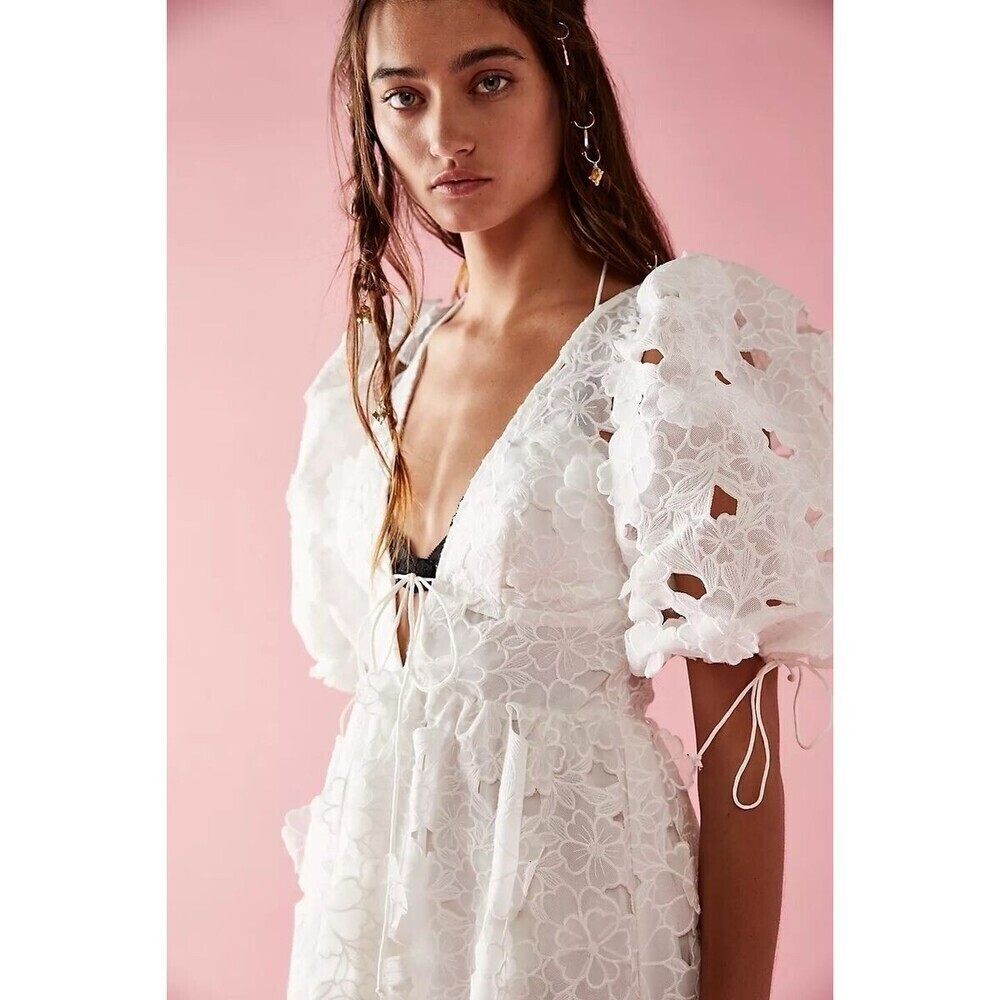For Love & Lemons Leighton Maxi Dress Floral Embroidered Puff Sleeve Bridal XS